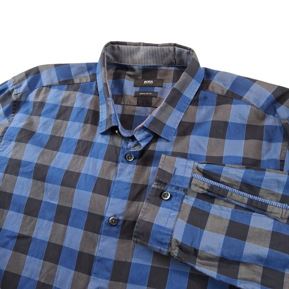Hugo Boss Button Down‎ Shirt Mens XL Blue Grey Buffalo Check Regular Fit Cotton